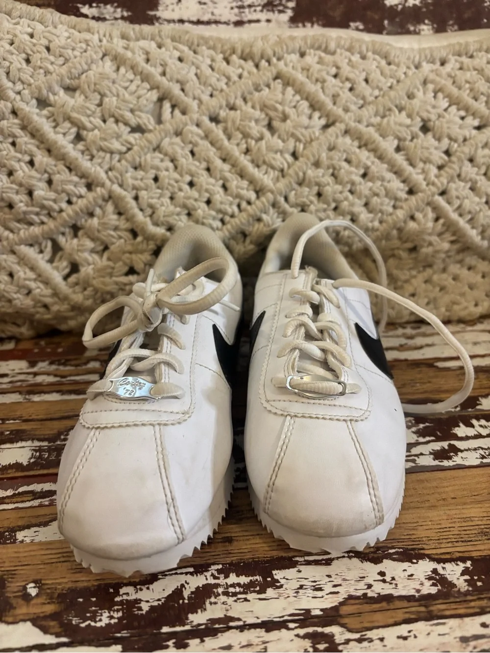 Nike White and Black Cortez-Style Low Top Sneakers